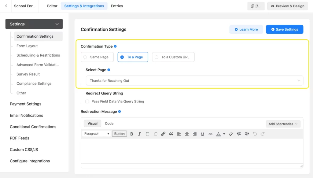 Selecting a page to redirect users after form submission